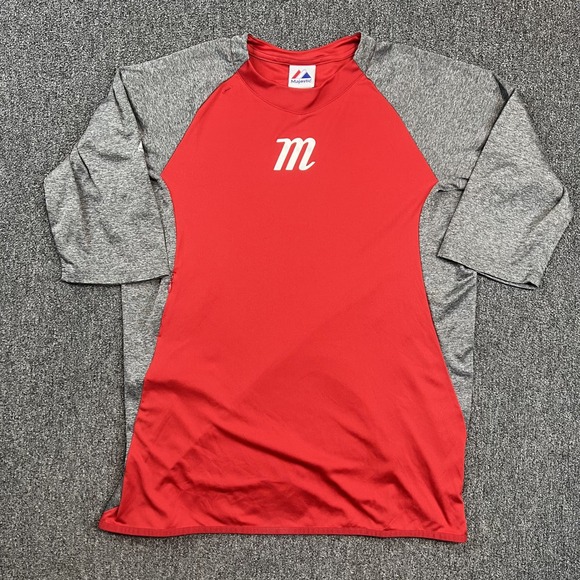 Majestic Athletic Raglan Baseball Shirt Large Red Gray 3/4 Sleeve Sportswear L — photo 2